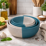 Kunhar Ceramic Mixing Bowl Set – 4 Pieces (1500ml, 800ml, 600ml, 400ml), White Dusty Blue – Durable, Microwave & Dishwasher Safe – Ideal for Mixing, Serving & Storage